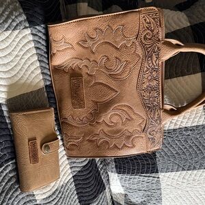 Montana West Tan and Brown Embroidered Tote and Wallet